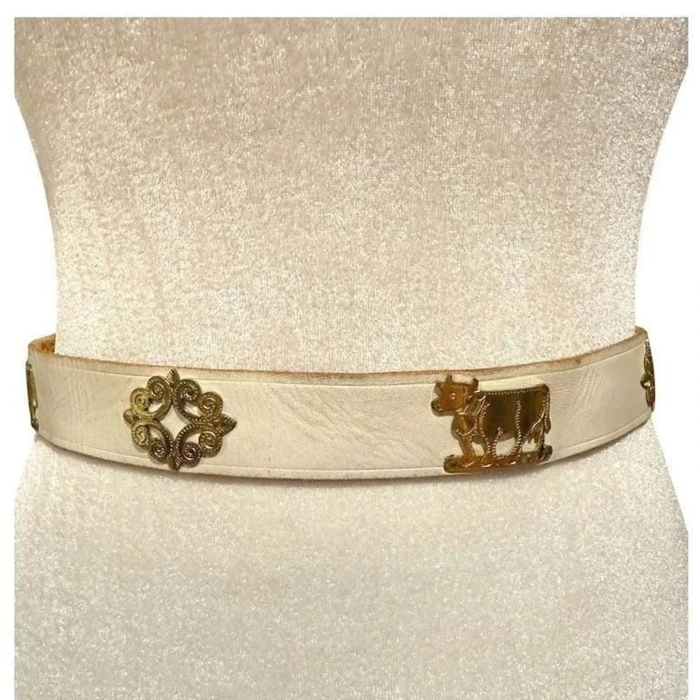 Vintage White‎ Leather Belt Brass Cow Herder Swiss Folk Art Cottagecore 33 Inch